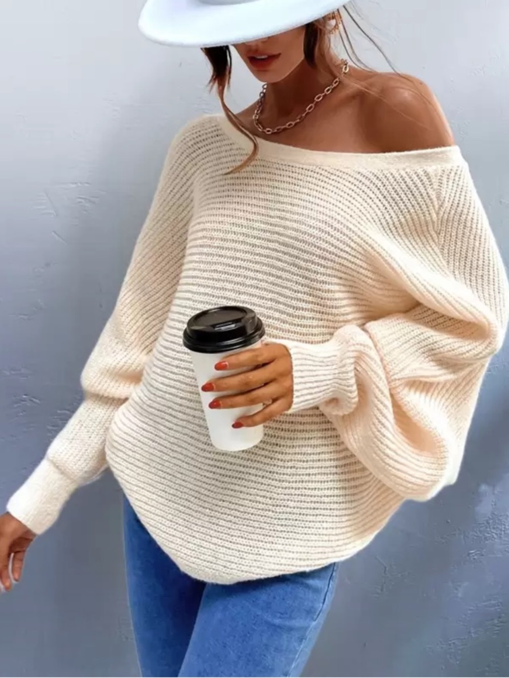 SHEIN Cream Off-the-Shoulder Ribbed Knit Sweater